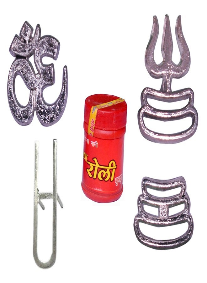 Moira Metal Tika Stamps with Vermilion Powder (Om, Trishul, Urdhva Pundra, Tripundra) Combo of 4, Silver - Image 1